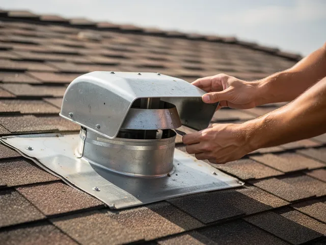 Beverly Hills Dryer Vent Cleaning certified technician safely cleaning a roof-mounted dryer vent in Beverly Hills